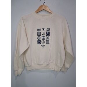 Vintage Separate Issue Cream Embroidered Folk Art Heart Crewneck Sweatshirt M